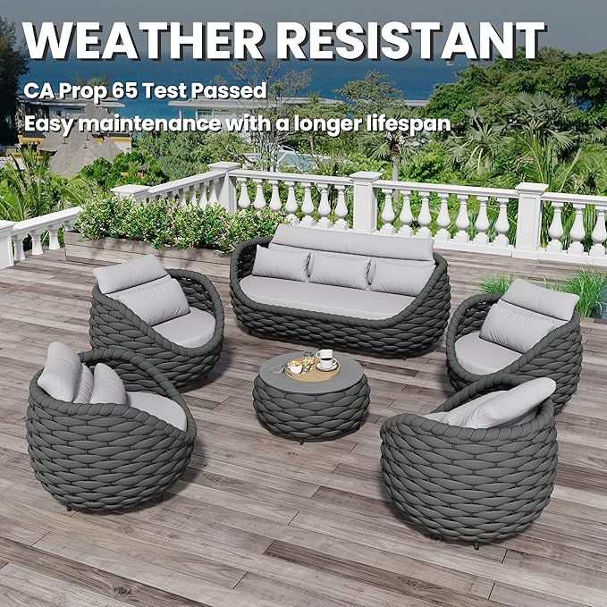 Erotr Aluminum Woven Rope Patio Furniture Set: 6 Pieces Assembled Outdoor Conversation Sofa Set for 7 - Modern Metal Couch Set Cushioned - All Weather Porch Seating for Deck Garden Lanai Hotel Resort