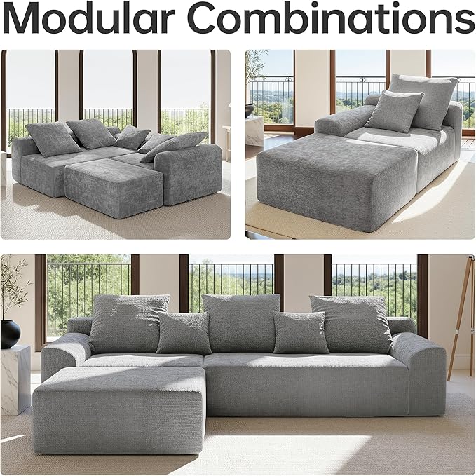 SEENYOO 111.2" Boneless Couch,Cloud Sectional Sofa with L-Shape Chaise,No Assembly,High-Density Memory Foam,Chenille Comfy Sofa for Living Room, Bedroon and Apartment (Grey)