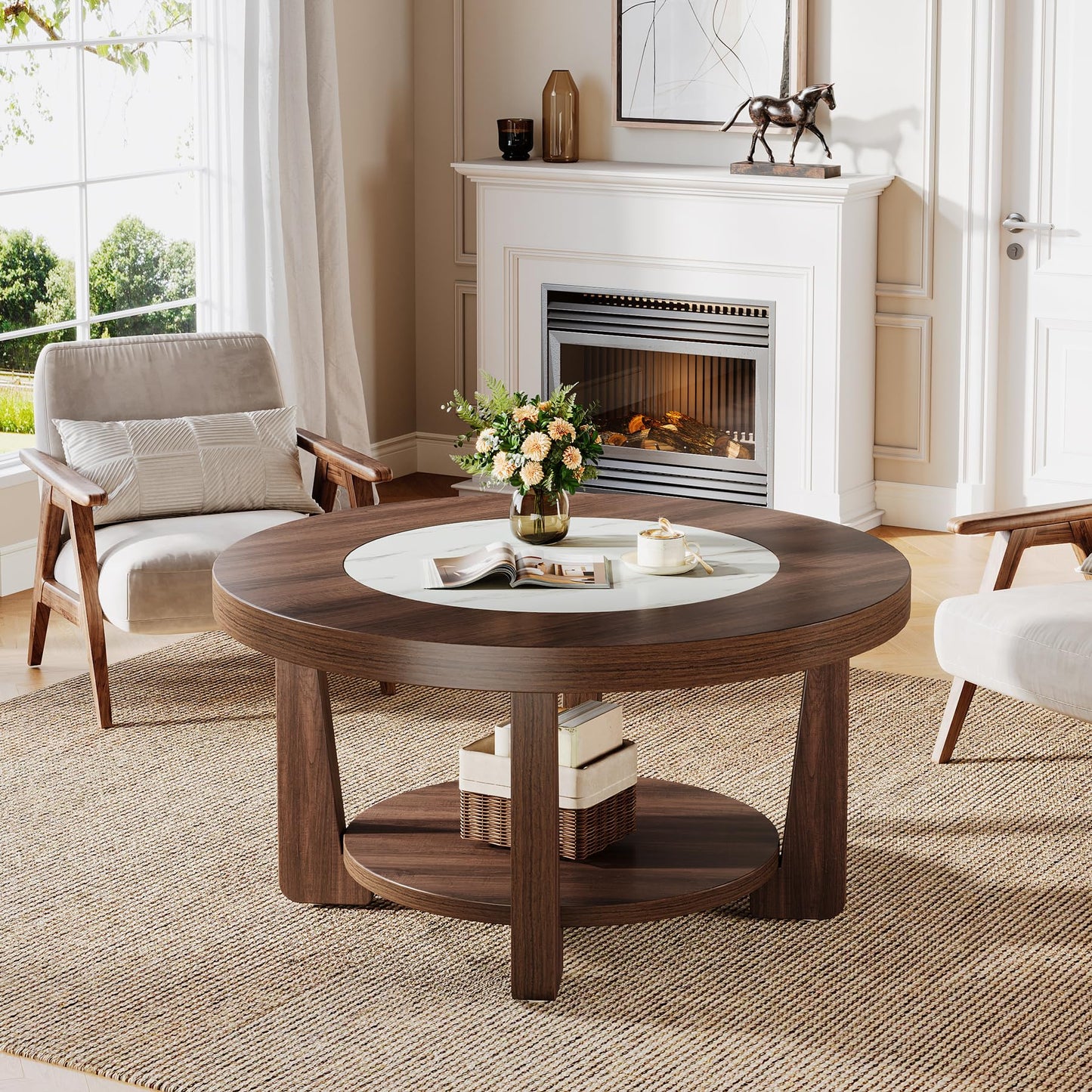 Tribesigns Coffee Table, 2-Tier Round Coffee Table with Heavy-Duty Wood Tabletop for Living Room, Industrial Circle Wood Accent Center Table with Storage, Brown and White