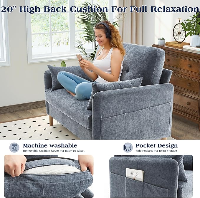 Hanherry Loveseat Sofa, 47” Small Couch for Living Room, Comfy Chenille Fabric Love Seat for Bedroom with Throw Pillow,Removable Cushion Cover,Couches for Small Space,Apartment,Dorm