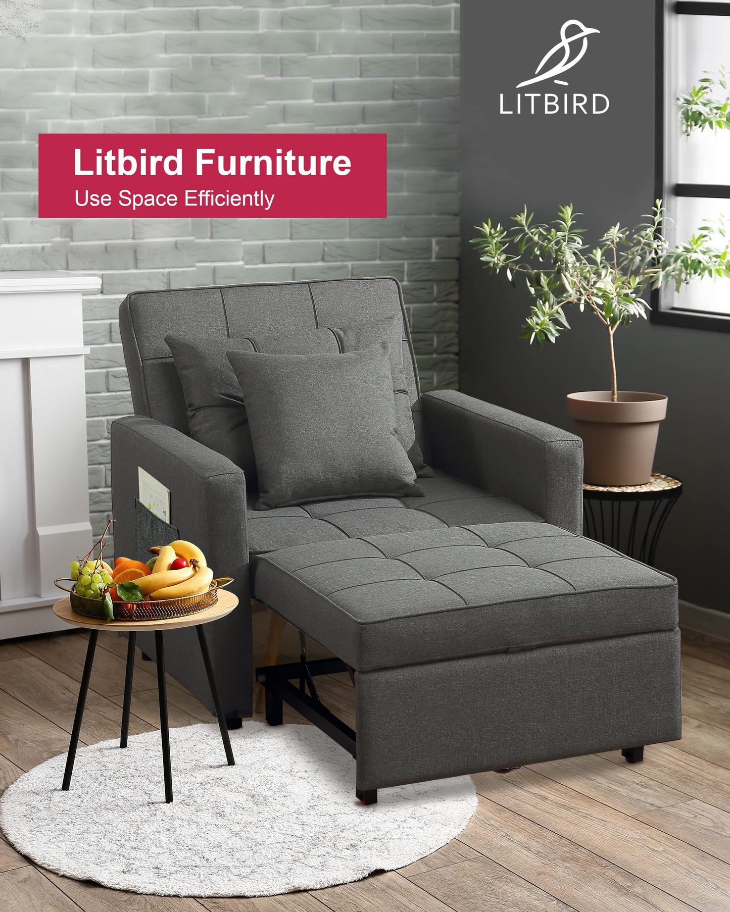 Litbird [Updated] Convertible Chair Sleeper Bed, Stepless Adjustable Backrest, Futon Chair Turns Into Bed, Sleeper Sofa for Living Room, 3 in 1, Linenette, Deep Gray
