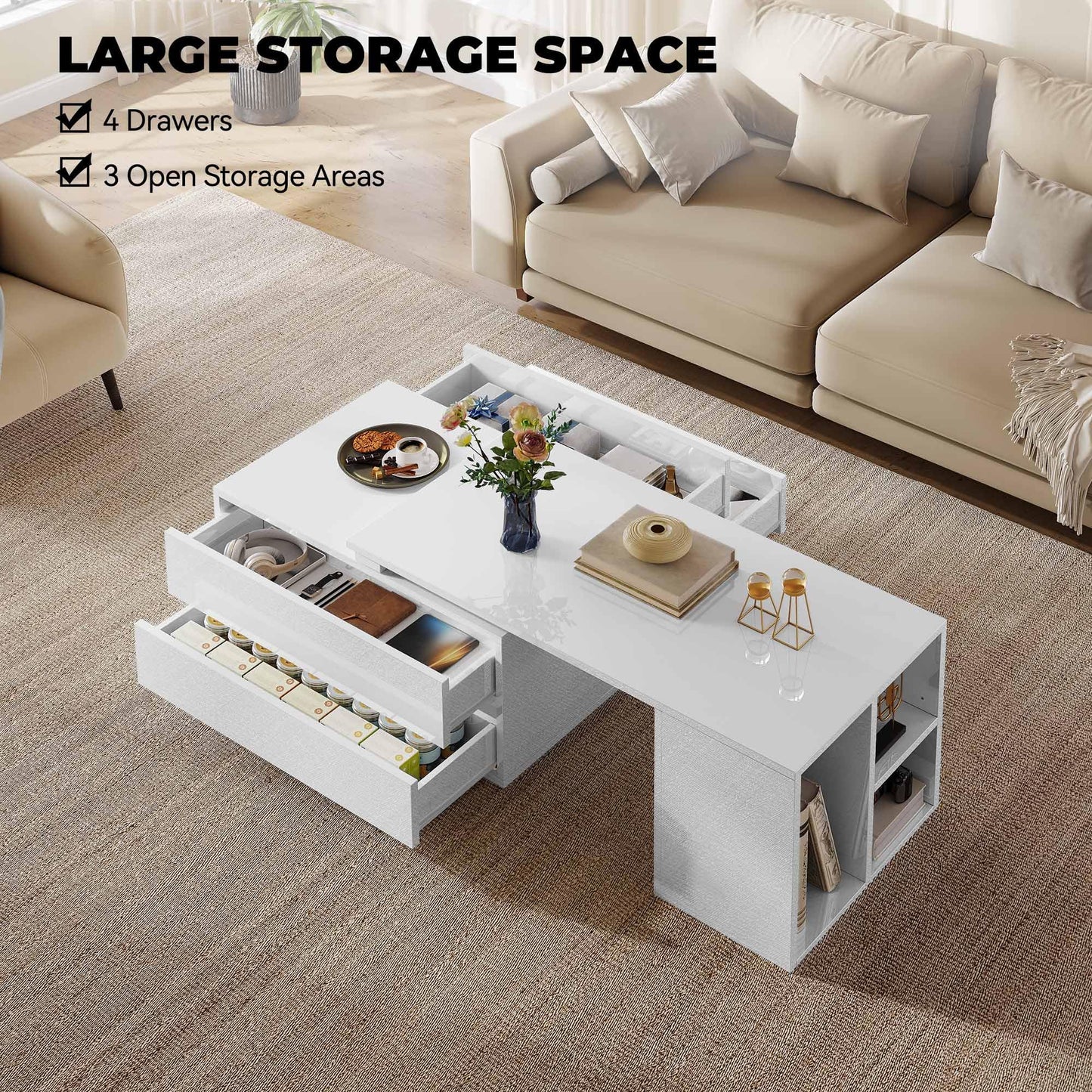 YITAHOME Coffee Table LED Coffee Table with 4 Storage Drawers, Extendable Coffee Tables for Living Room, Modern Wooden Rectangle Cocktail Table with Open Shelves & Sliding Tabletop 35"- 61", White
