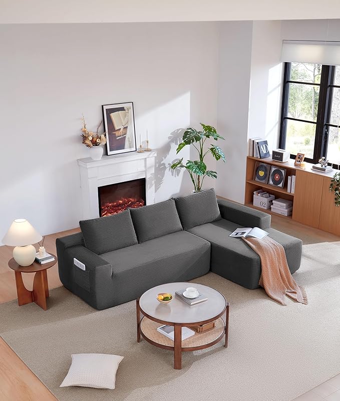 Vanress 97" Cloud Couch Sectional, Corduroy Boneless Couch with L-Shape Chaise,Modern Modular Sectional Sofa Comfy Deep Seat for Living Room, Bedroom, No Assembly (Dark Grey, Right Facing Chaise)