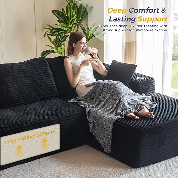 MAXYOYO 104" Modular Sectional Couch with L-Shape Chaise, Modern Boneless Couch for Living Room, Sofa in A Box, Oversized Sofa Sleeper with Deep Seat, No Assembly Required, Black