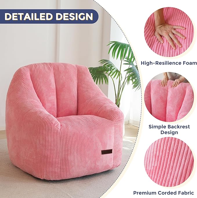 MAXYOYO Bean Bag Chair, Bean Bag Sofa with Filler, Cozy Living Room Chair for Adults and Kids, Stuffed Floor Sofa for Bedroom Dorm Reading, Pink