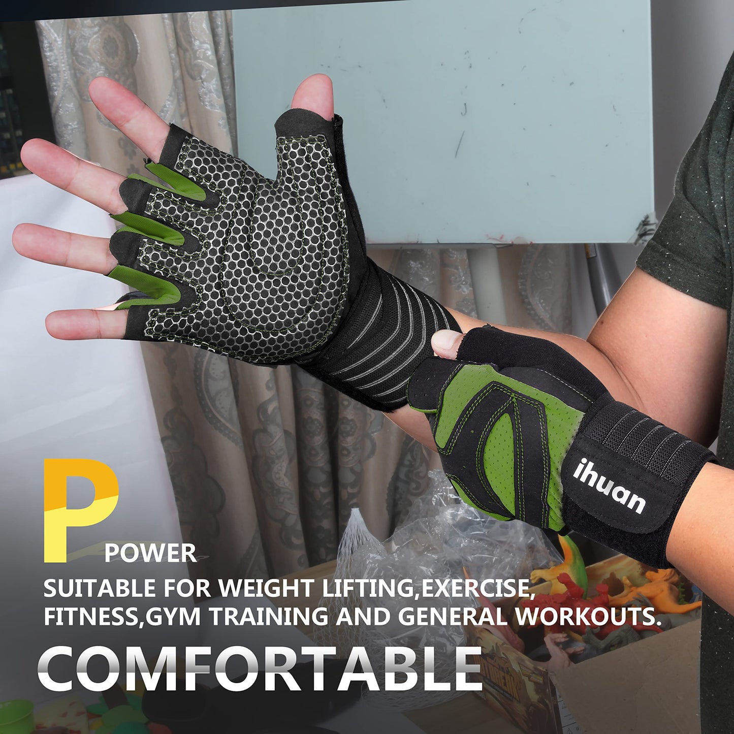 ihuan Ventilated Weight Lifting Gym Workout Gloves with Wrist Wrap Support for Men & Women, Full Palm Protection, for Weightlifting, Training, Fitness, Hanging, Pull ups (Dark Green, S)