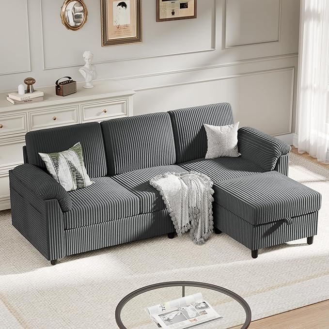 Meilocar Sectional Couches for Living Room, L Shaped Couch with Side Storage Pockage, Comfortable 3 Seat Sofa Couches for Apartment, Grey