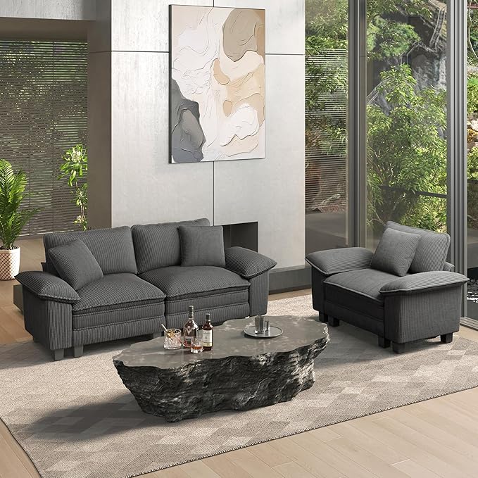 HERA'S HOUSE 2 Pieces Modular Sectional Sofa Sets, Oversized Couch Set with Loveseat and Armchair, Comfy Cloud Couches with Throw Pillows, 3-Seater Deep Seat Sofa for Living Room, Corduroy Grey