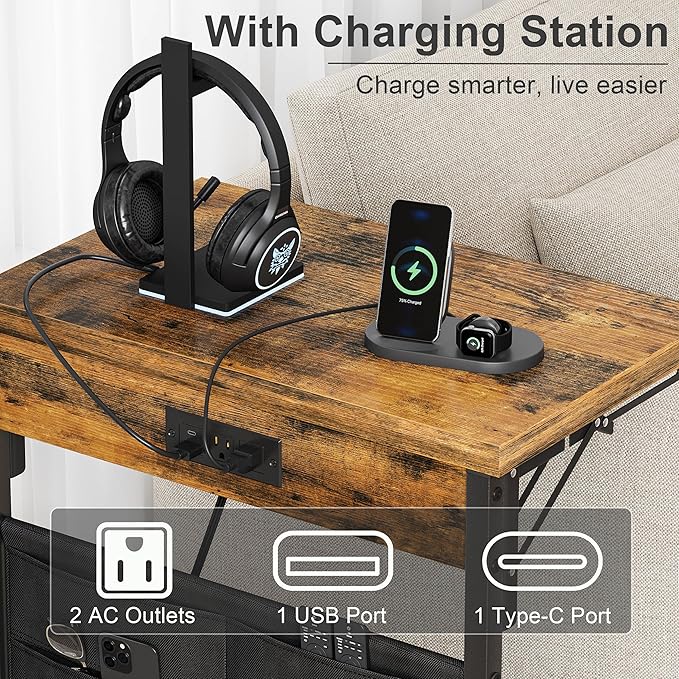 YAUKTAK Foldable C-Shaped Table with Charging Station, Folding TV Tray End Table for Small Space, Portable Side Table for Couch, C Table with Storage Bag for Sofa Living Room, Bedroom Rustic Brown