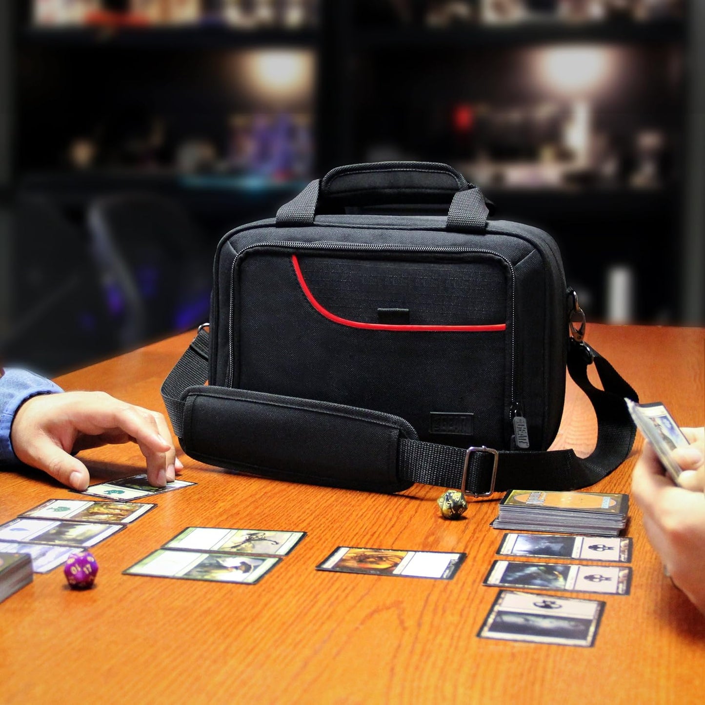 USA Gear Card Deck Storage Bag Compatible with TCG and CCG Deck Games - Card Protector Bag with Padded Shoulder Strap, Customizable Interior, Weather Resistant - Fits Boxes and Loose Cards - Red