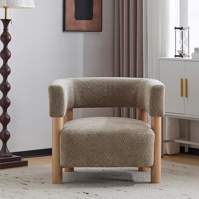 Christopher Knight Home Carly Low Profile Accent Chair, Round Backrest Side Chair, Living Room Armchair with Boucle Fabric Cushion,Comfy Reading Chair for Bedroom,Wooden Single Lounge Sofa,Light Camel