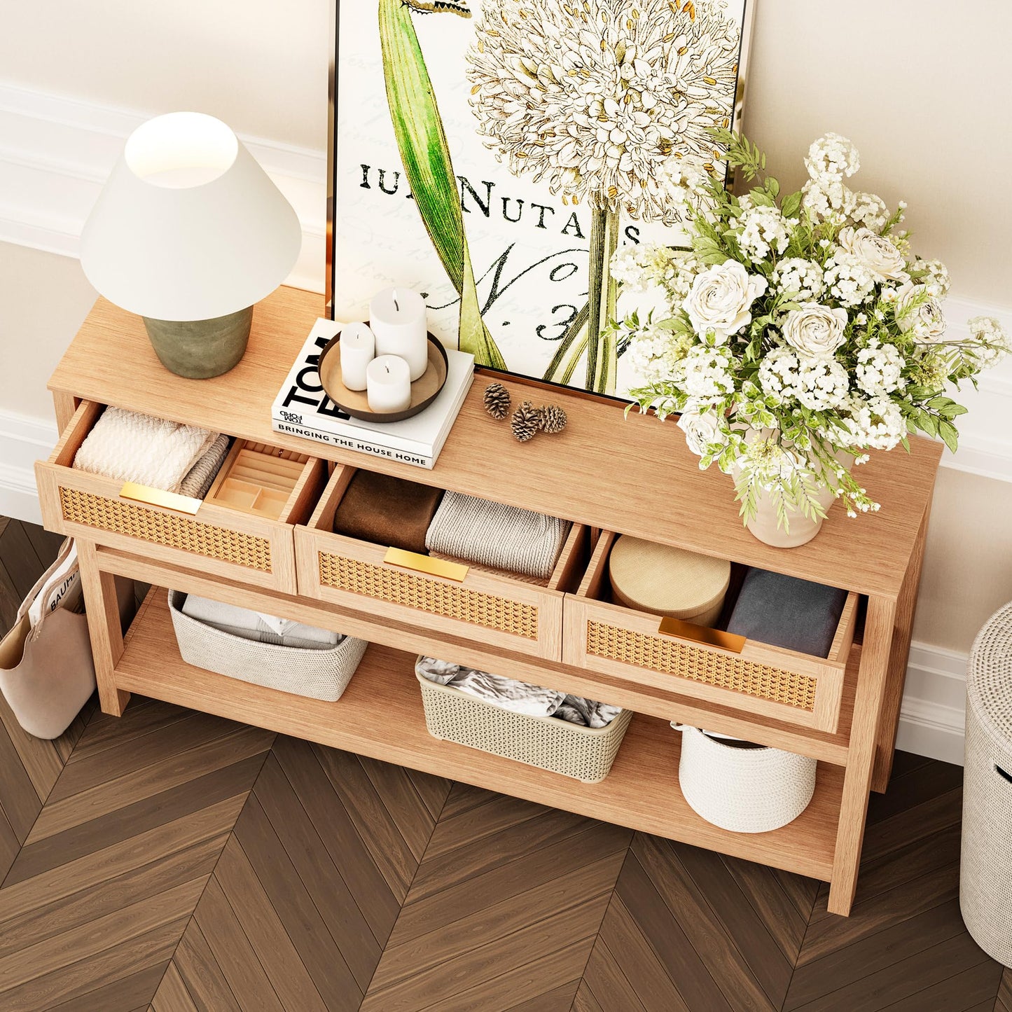 LAUSAINT HOME Narrow Console Table, 51" Entryway Table with 3 Rattan Drawers, Sofa Table Behind Couch/Sofa with 2 Storage Shelves, Natural Wood Console Table for Living Room, Bedroom, Hallway, Foyer