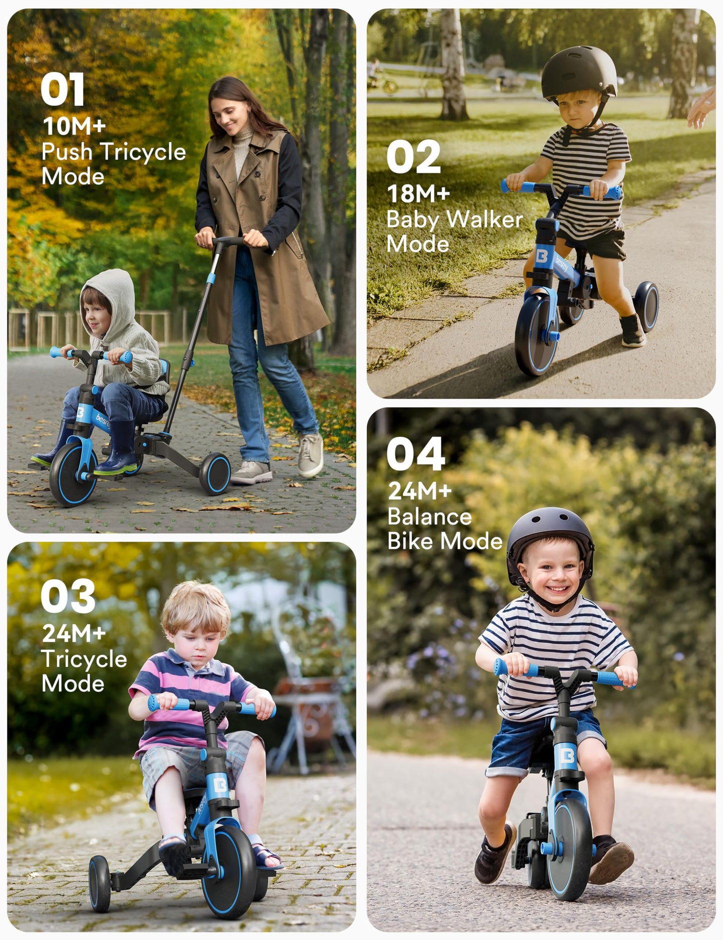 besrey 5 in 1 Toddler Bike, Toddler Tricycle for 1-3 Year Old, Trike with Push Handle, Backrest and Safety Belt, Birthday Gifts and Toys for Boys and Girls, Balance Bike