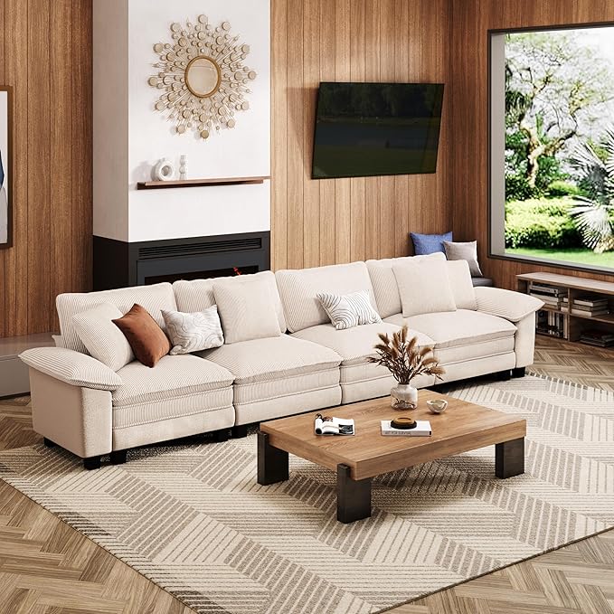 MIXPATIO 157.5" Cloud Modular Sectional Sofa, 4-Seater w/Deep Seat & Removable Arms, Plush Corduroy for Living Room - Beige