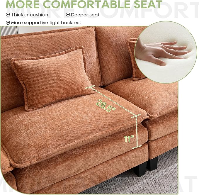 Oprisen 120" Modular Sectional Sofa, Comfy Cloud Couch Sectional Sofa with Ottoman, Chenille Sofa Sleeper Deep Seat Sofa with Throw Pillows for Living Room (Orange, 120"- U Shape)