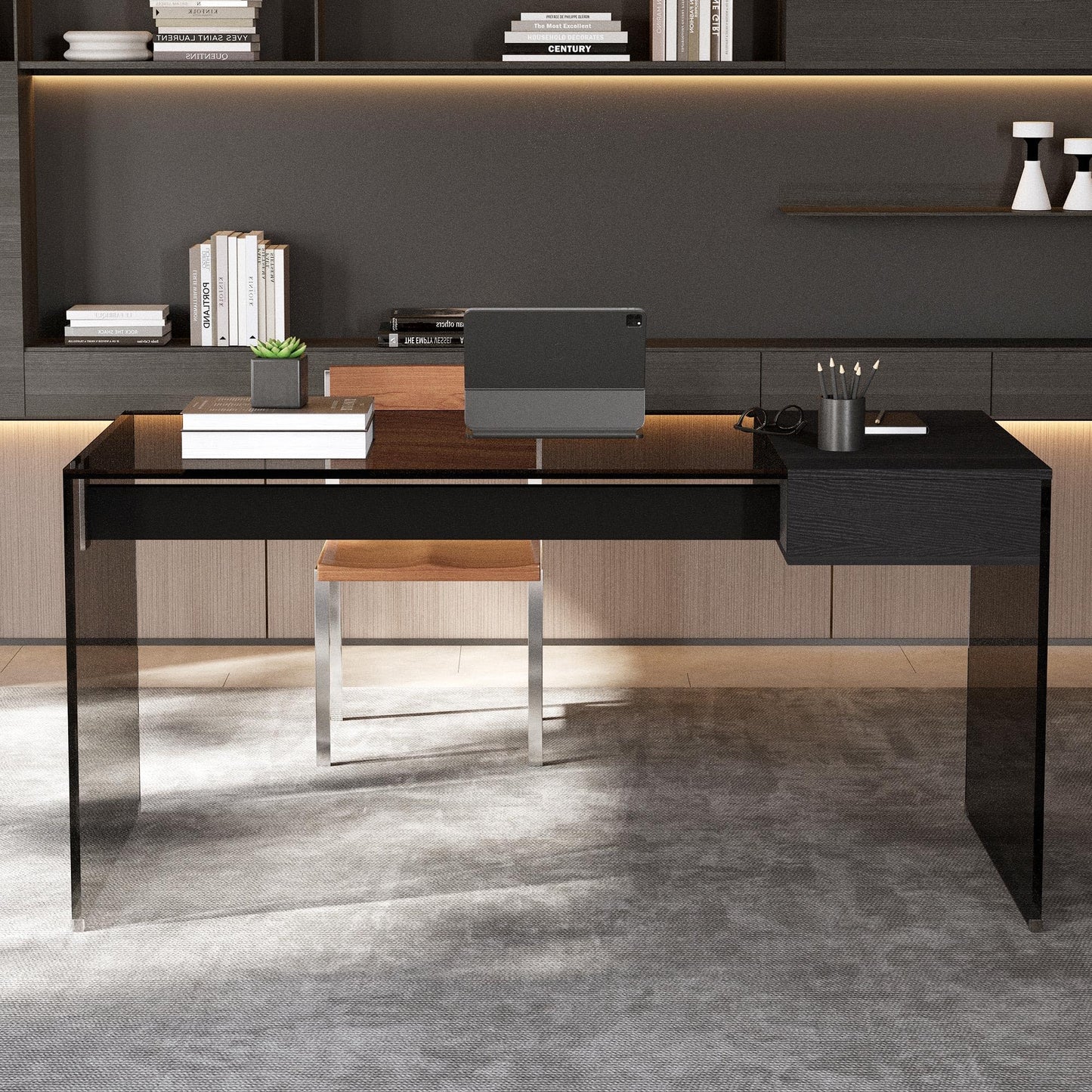 gaoyangjiaju Modern L-Shaped Glass Desk with Wooden Drawer – Black Tempered Glass Computer Desk with Storage for Home Office & Study