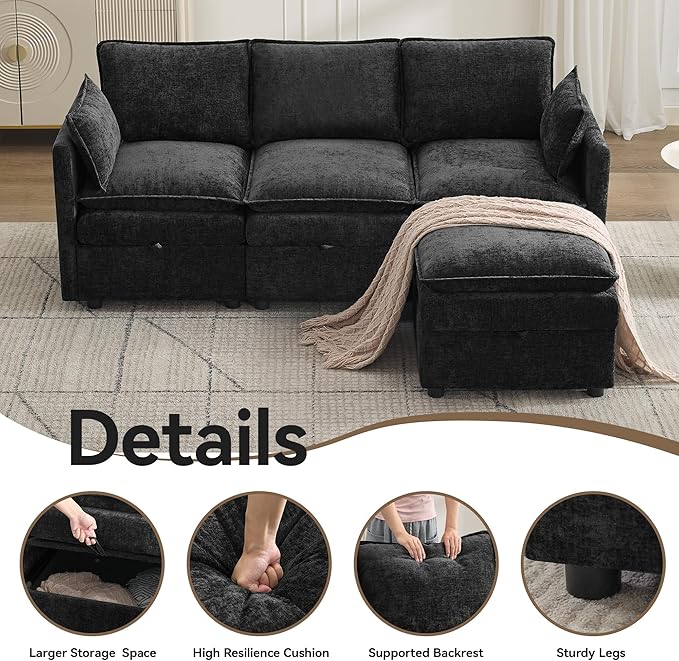 80" Cloud 3 Seater Sectional Modular Couch with Storage Ottoman, Upholstered Storage Sofa Modern Couch Deep Seat, Chenille L Shape Sofa Comfy Couches with Armrests for Living Room, Small Space, Black