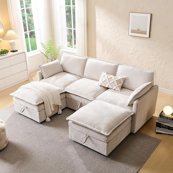 85.83" Sectional Couches for Living Room, Cloud Couch Sectional with Large Storage Ottoman, U-Shape Modular Sectional Sofa with 5 Seater Chenille Sofa and Pillow for Apartment, Bedroom, Beige