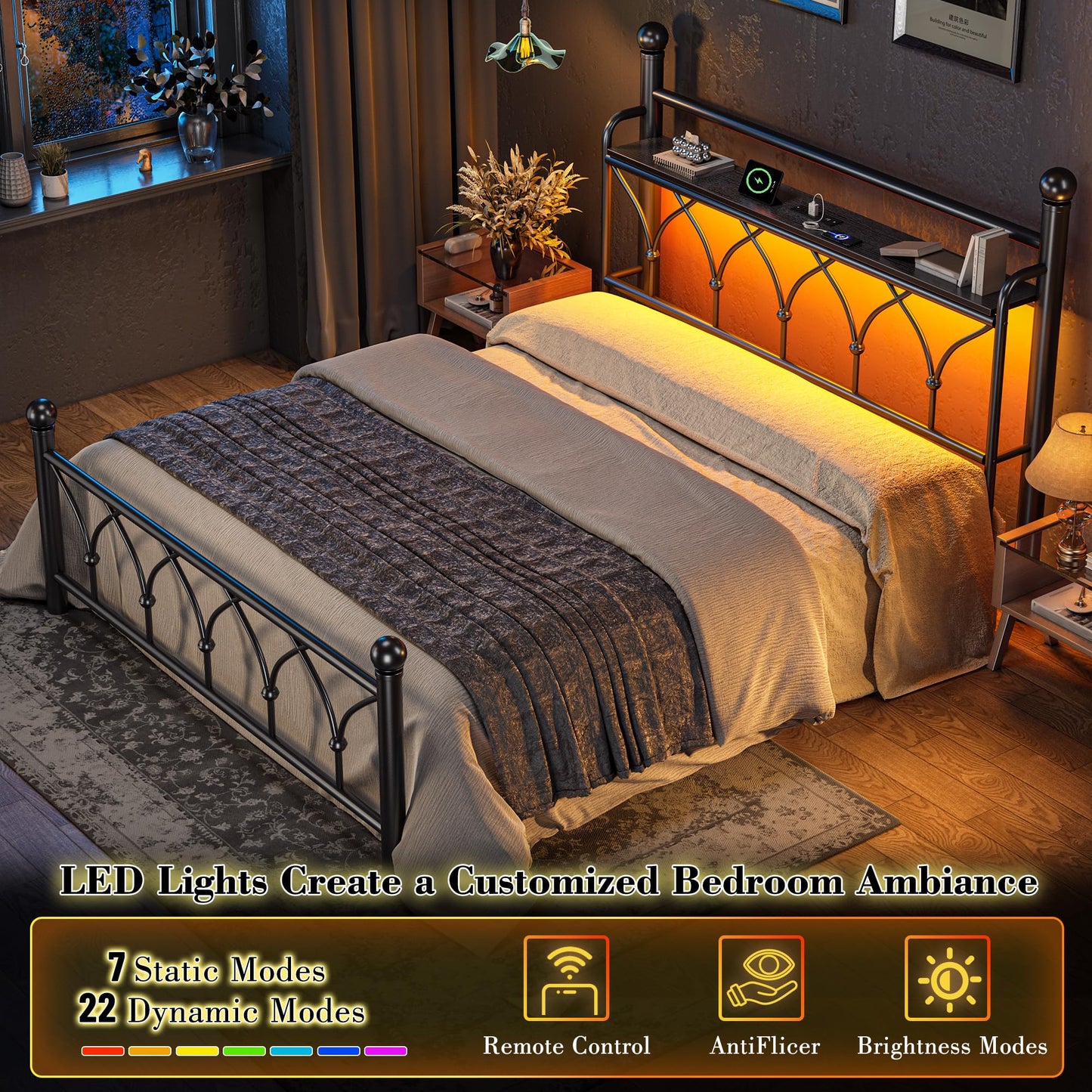 EnHomee Queen Bed Frame with Headboard, Metal Bed Frame Queen Size with LED Lights and Power Outlets, Heavy Duty Steel Slats Support with Storage, Sturdy & Noise-Free, No Box Spring Needed, Black