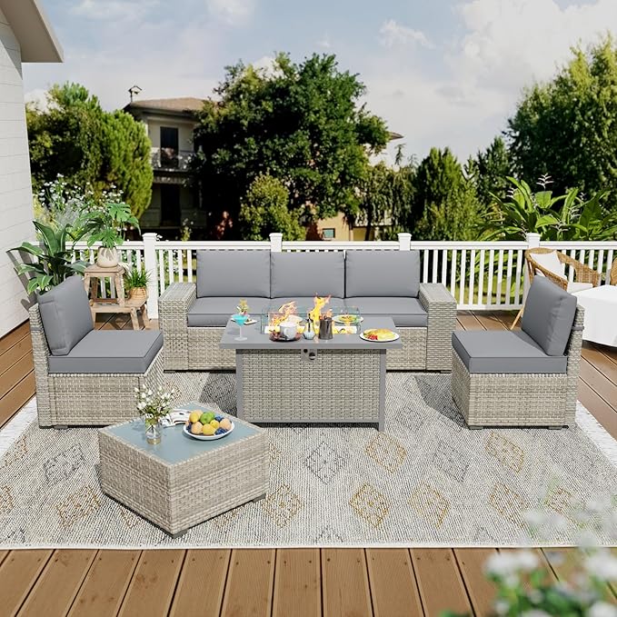 Broivira 7 Piece Patio Furniture Set with 50,000 BTU Rattan Fire Pit Table That Converts to Coffee Table, 9.8" Wide Arm Sectional Sofa with Storage Armrests, Outdoor Rattan Conversation Set, Grey