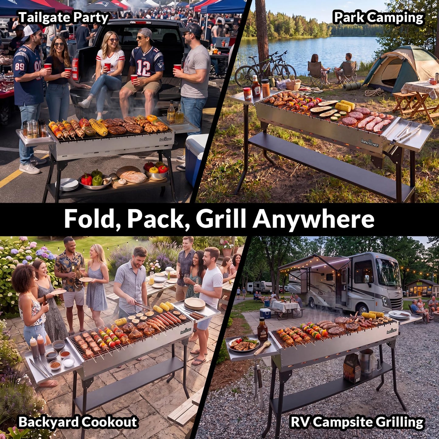 Charcoal Grill, Foldable Portable Camping Charcoal Grill, Stainless Steel BBQ Grill with Ceramic Grate, 2-in-1 Side Tables & Pull-Out Ash Pan Outdoor & Backyard Grill for Patio Cooking