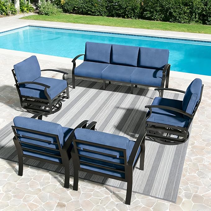 RTDTD Aluminum Outdoor Patio Furniture Set,5 Pieces 7 Seats Patio Conversation Sets with 2 Swivel Rocking Chairs,Metal Patio Sectional Furniture Set with 5.1" Thickened Cushions,Navy Blue