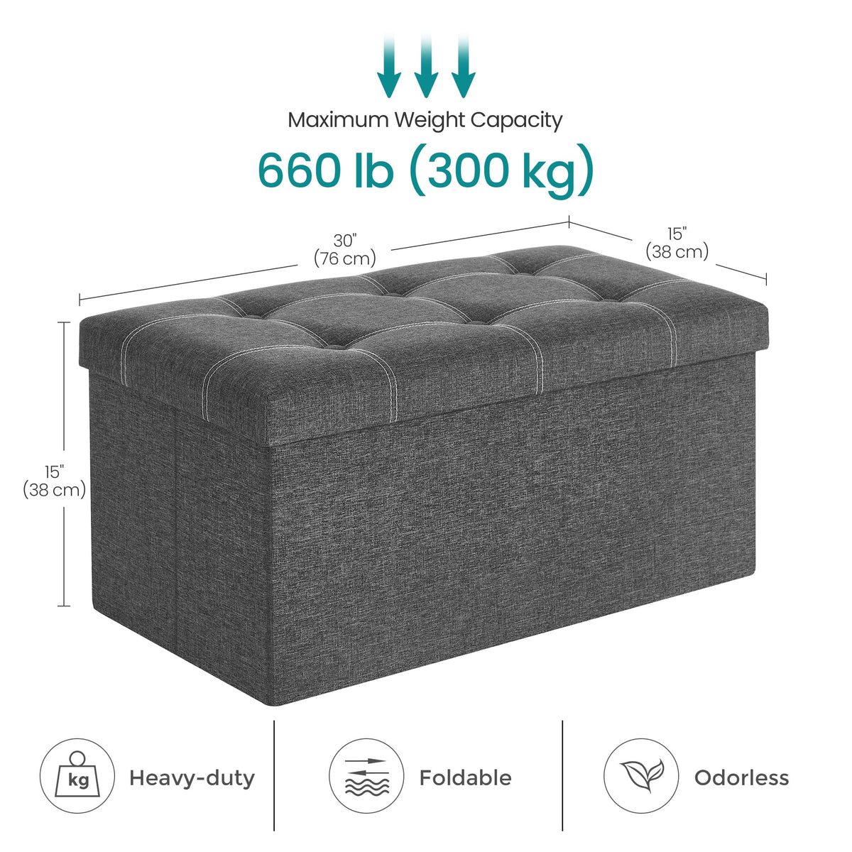 SONGMICS Mazie Collection - 30 Inches Ottoman Storage Bench, 21 Gal. Folding Chest with Breathable Linen-Look Fabric, Load up to 660 lb, for Entryway, Living Room, Bedroom, Dark Gray ULSF001G01