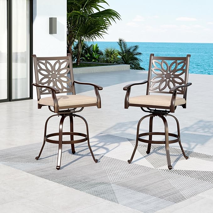 MFSTUDIO Patio Outdoor Barstools Set of 2, Cast Aluminum Swivel Dining Chairs, Counter Bar Height Outdoor Patio Chairs with Extra Wide Seat and Cushion, Brown, 350lbs