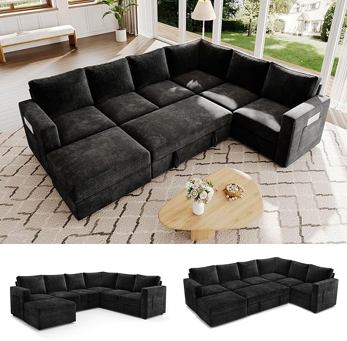 SUAWY 106.7" Sectional Sleeper Sofa with Pull Out Couch, Modern 7 Seat U Shaped Modular Couch, Sectionals Modular Sofa with Storage, Comfy Sectional Couches for Living Room & Apartment, Black