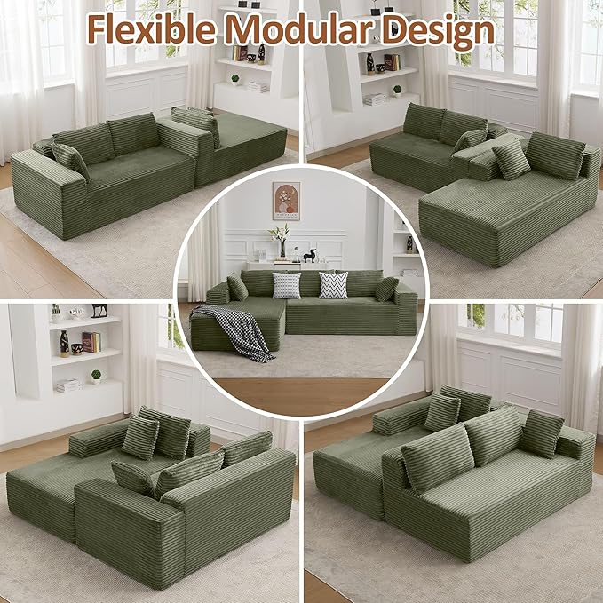 WUTUTUEE Boneless L Shaped Sofa with Chaise Lounge, Green Corduroy