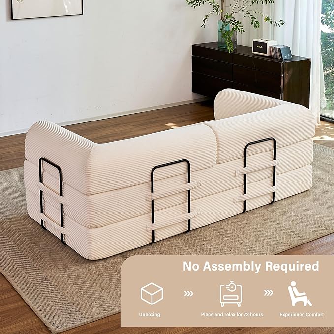 79" 5-in-1 Folding Convertible Sofa Bed, Oversized Corduroy Futon Floor Couch with Pull-Out Sleeper, Modular Boneless Loveseat for Small Spaces, Living Room, Bedroom (White1)