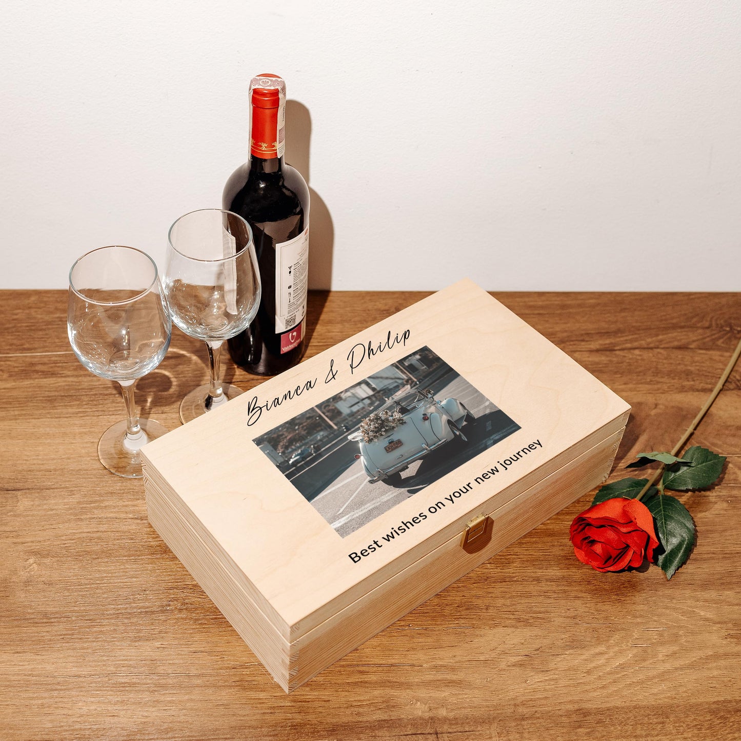 Creative Deco Personalized Wine Wooden Box Gift Storage | 2 Bottles | Text + Photo | 13.77x7.87x3.93in | Natural Wood Holder | Luxury Box Christmas Birthday Wedding Valentine’s Day | UV Print