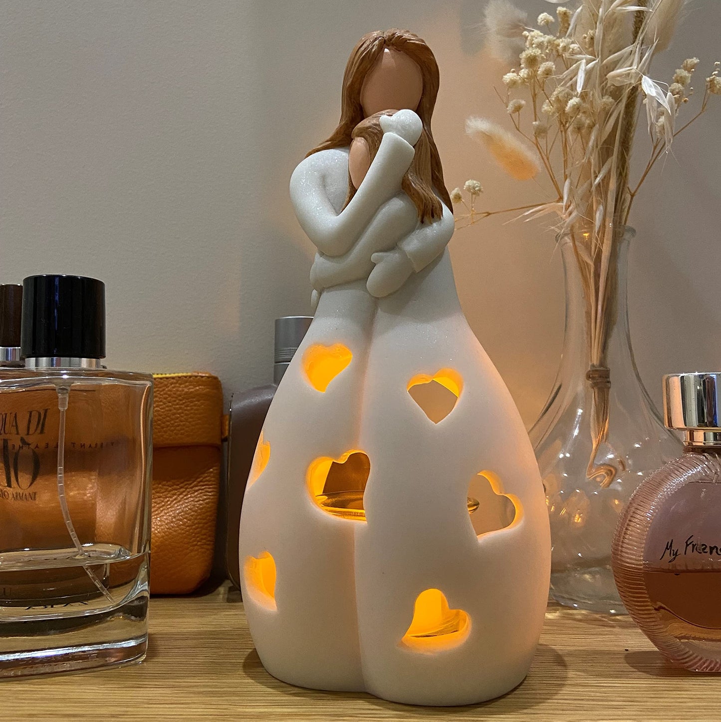 Gifts for Mom from Daughter – Mothers Day Candleholder Statue with Flickering LED Light | Birthday Gift for Mom | Unique Present with Greeting Card | Seasonal Home Décor (Light Brown)