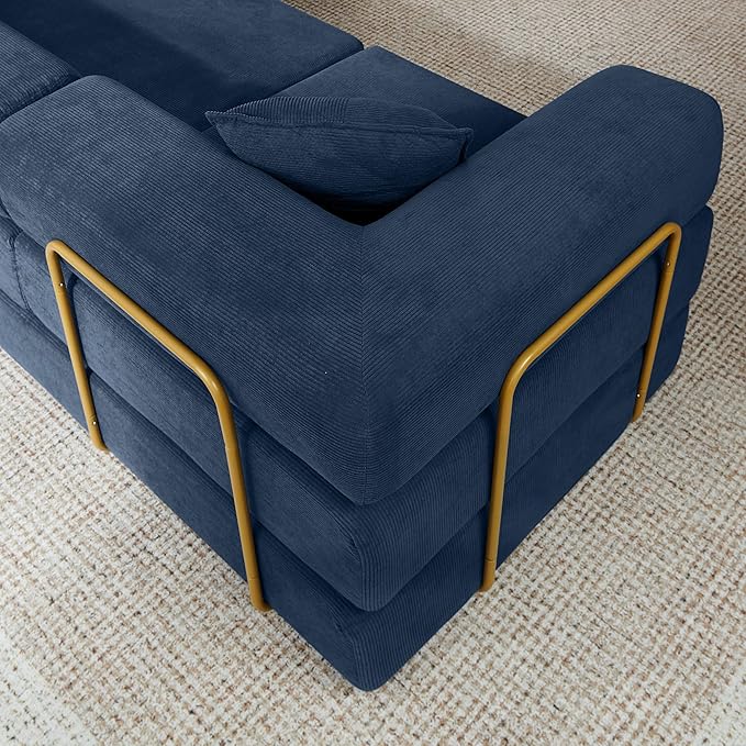108" Oversized Convertible Sleeper Sofa Bed, Corduroy L Shape Sectional Couch, Folding Sofa Bed with Fixed-Shape Frame, Modern Cloud Floor Mattress Couch, Modular Sofa for Living Room, Blue