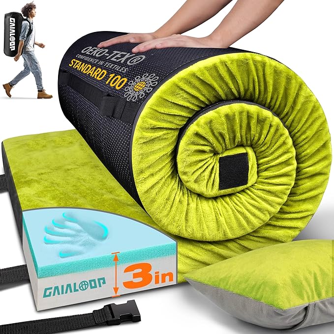 GAIALOOP 3 Inch Memory Foam Camping Mattress, Dual Layer Thick Sleeping Camp Pad for Car Tent Cot, Roll-Up Portable Glampi...