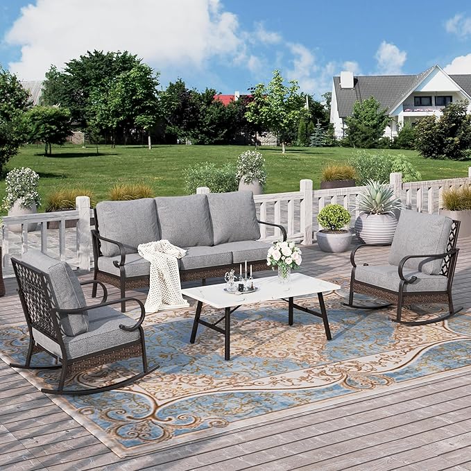 HERA'S HOUSE 4 Piece Metal Patio Furniture Set, All Weather Outdoor Conversation Set with 3 Seat Sofa, 2 Rocking Chairs & Coffee Table, Seats 5 for Backyard, Garden, Deck, Grey