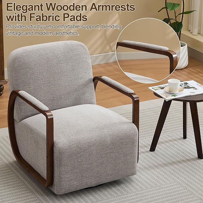 CACFTII 32" Chenille Upholstered Swivel Accent Chair, 360° Rotating Metal Base Modern Lounge Chair with Wooden Armrests for Living Room Bedroom, Brown