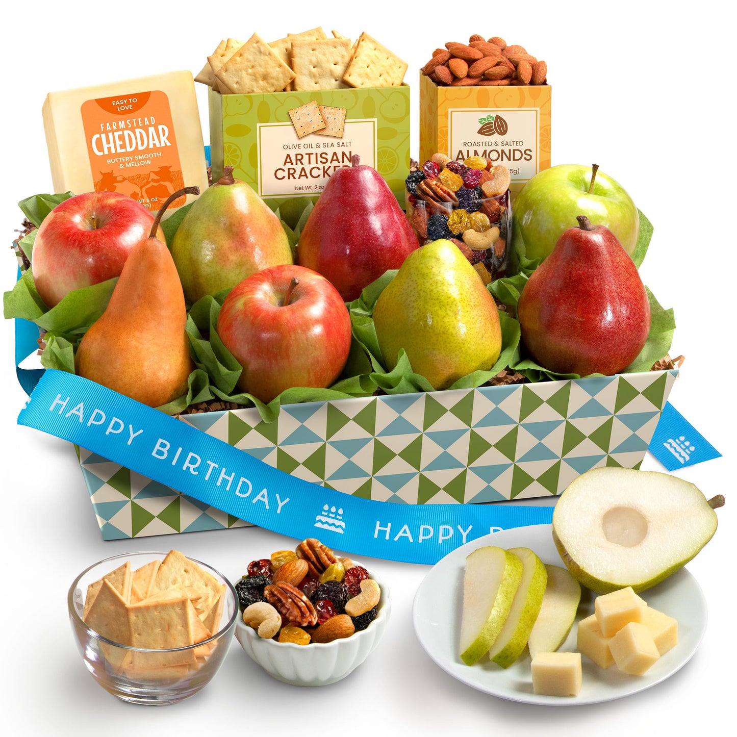 A Gift Inside Fruitfully Classic Happy Birthday Fresh Fruit Basket with Cheese and Nuts