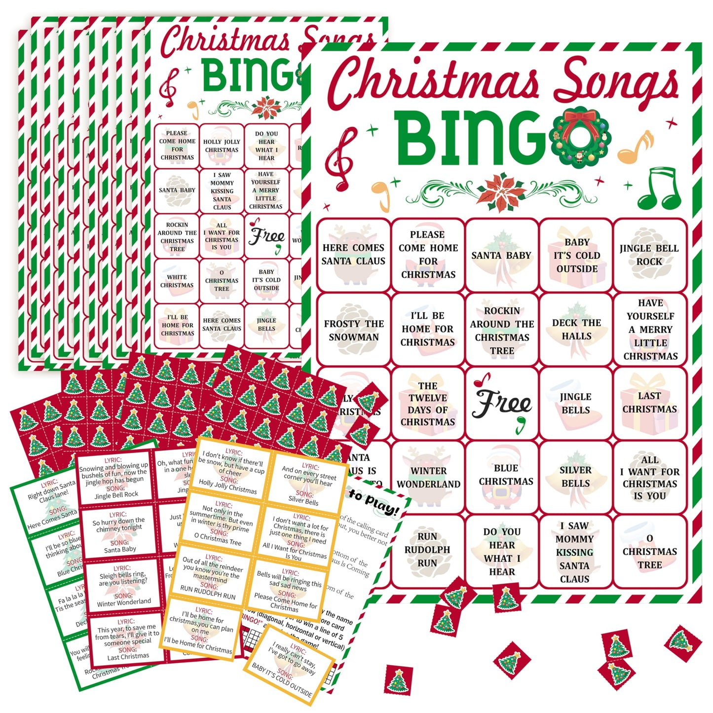 Christmas Bingo Game - 38 Sheet Song Bingo Cards for 24 Players, Adults, Families, Large Groups - Holiday Winter Party Card Games