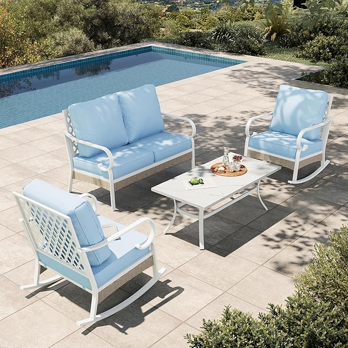 HERA'S HOUSE Patio Furniture Set with Metal & Rattan Design 4-Piece, 2 Rocking Chairs, 2-Seat Lover Sofa & Marble Coffee Table, All-Weather Outdoor Conversation Set for Garden Backyard Lawn, Blue