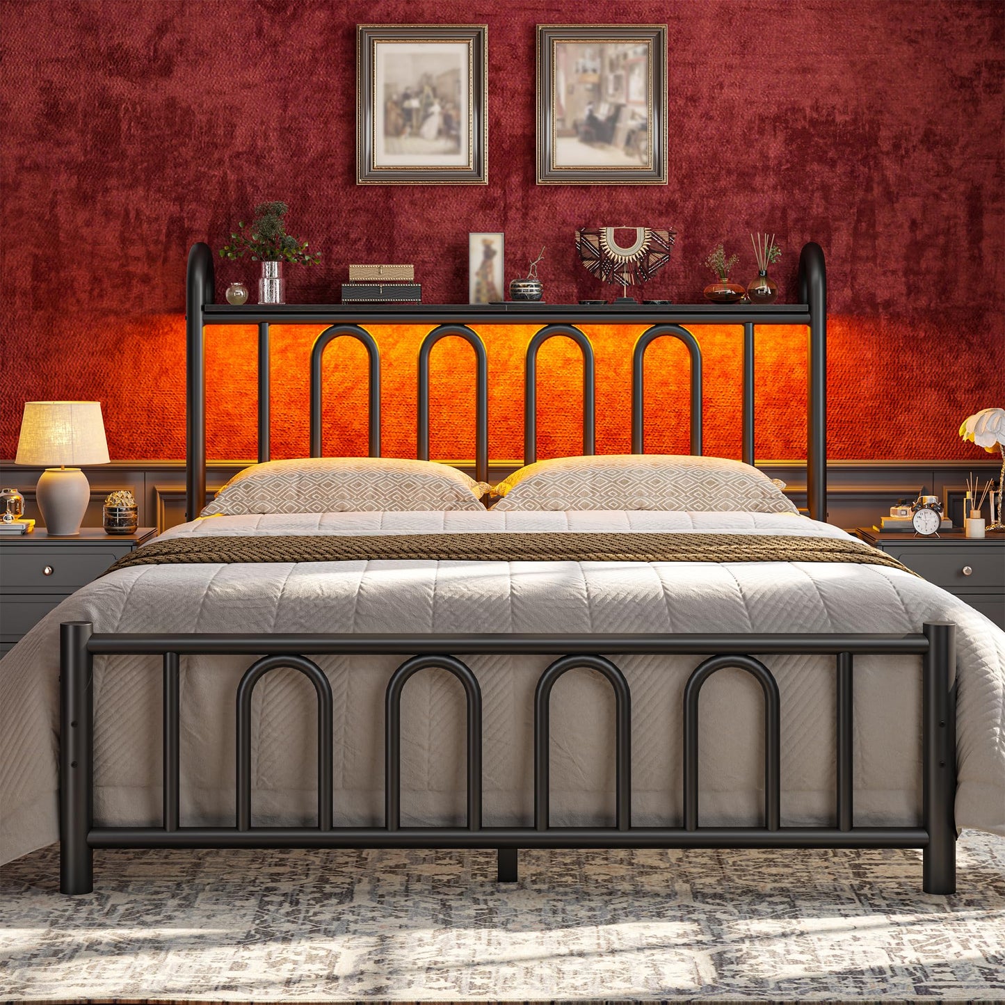 Homkdom Queen Bed Frame Metal Platform Bed Frame/Victorian Headboard and Footboard/LED Light/Sturdy Mattress Foundation with Under Bed Storage/No Box Spring Needed/Noise-Free/Easy Assembly, Black
