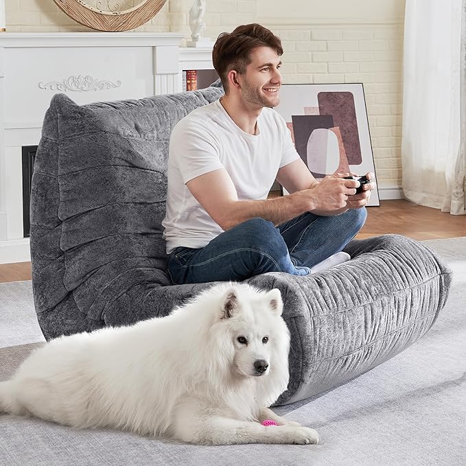 HABUTWAY Bean Bag Chair, Giant Bean Bag Chairs for Adults, Bean Bag Sofa with Filler Faux Fur, Memory Foam Bean Bag Couches Fireside Lazy Sofa for Living Room, Bedroom, Office (Light Grey)
