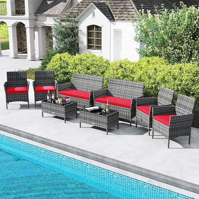 RELAX4LIFE 8-Piece Patio Furniture Set - Rattan Outdoor Conversation Bistro Set w/Cushions, Glass Coffee Table, Wicker Chairs & Loveseat for Garden Backyard Porch, Balcony Furniture (2, Mix Grey-Red)