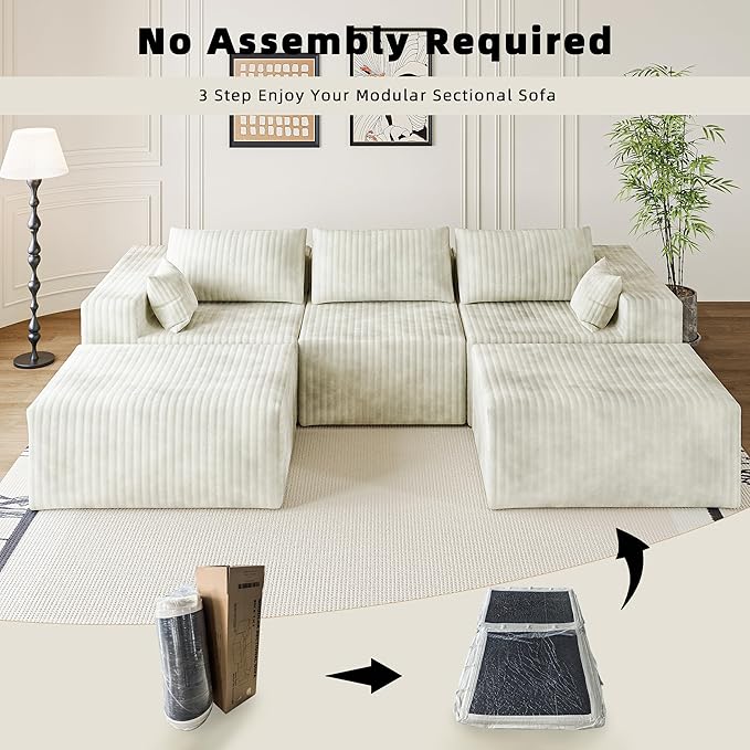 CABZOON 110" Cloud Couch Sectional for Living Room U-Shape Boneless Couches Modular Sectional Sofa with Deep Seat with Chaise,No Assembly Required, Carbon White(Plush Corduroy Fabric)