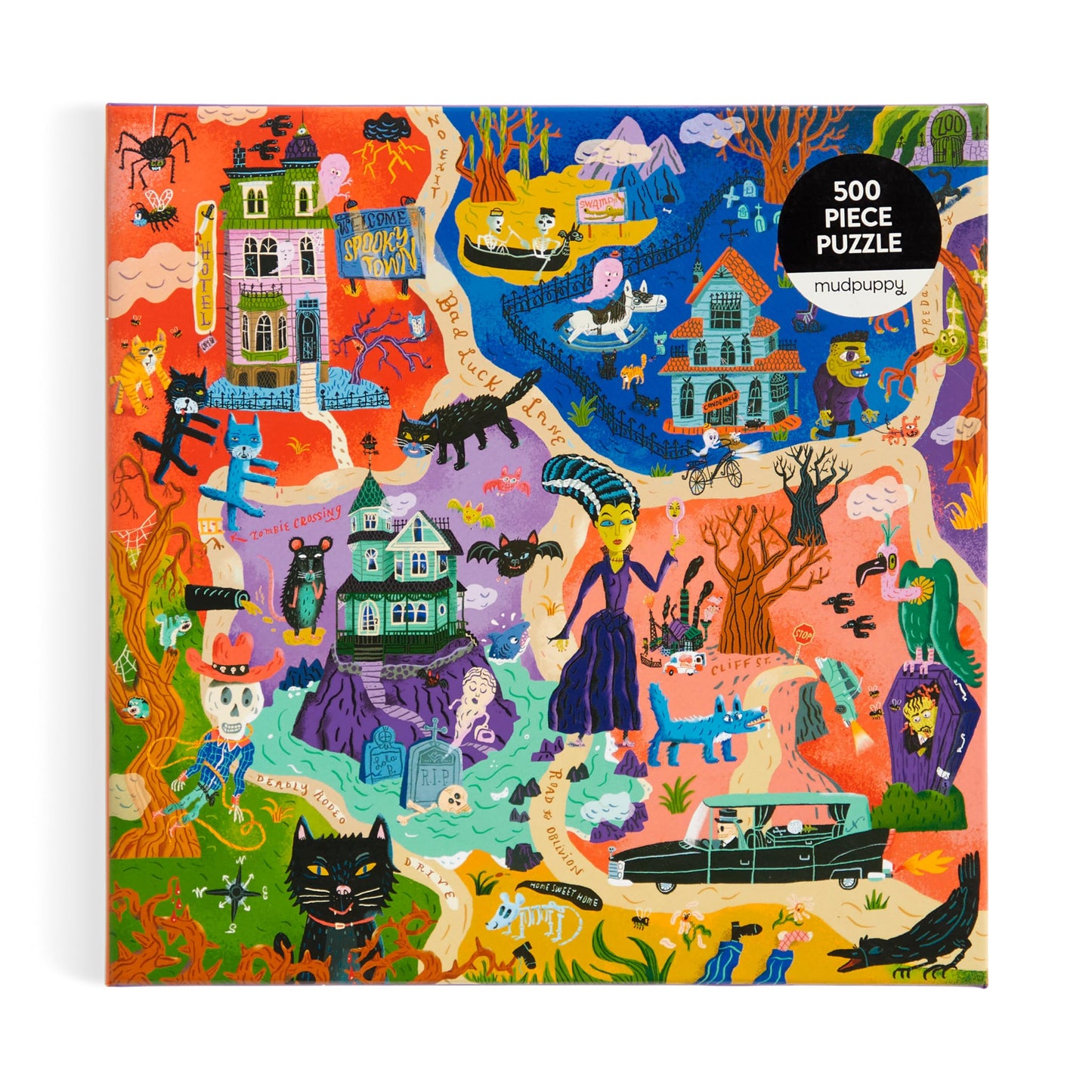 Mudpuppy Welcome to Spooky Town – 500 Piece Family Jigsaw Puzzle Featuring Bold and Spooky Illustrations of A Haunted Town Filled with Goblins Ghouls and Monsters