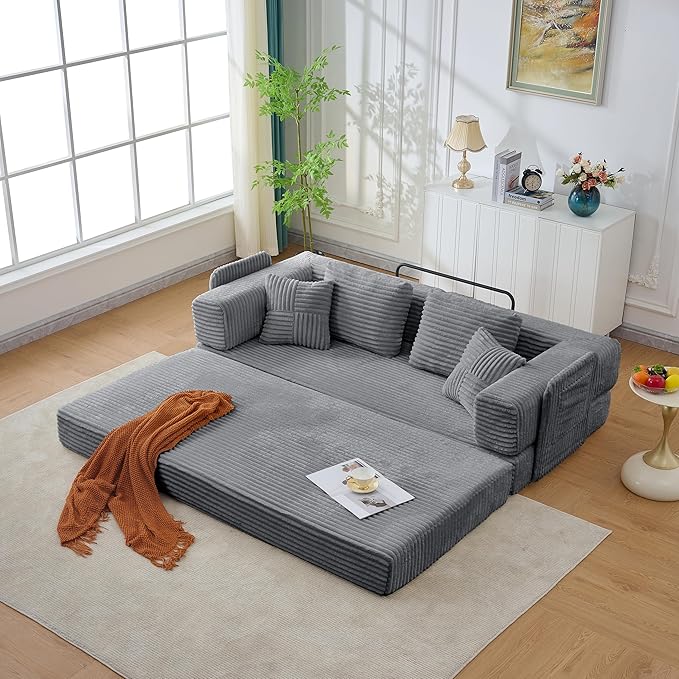 79.5" Folding Convertible Sofa Bed with Side Storage Pockets, 4-in-1 Corduroy Boneless Couch, No Assembly Loveseat Sleeper, Floor Sofa Daybed Futon Couch for Living Room Bedroom Lounge, Grey Upgraded