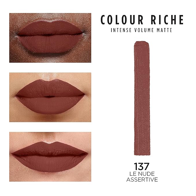 L'Oreal Paris Colour Riche Intense Volume Matte Lipstick, Lip Makeup Infused with Hyaluronic Acid for up to 16HR Wear, Le Nude Assertive, 0.06 Oz
