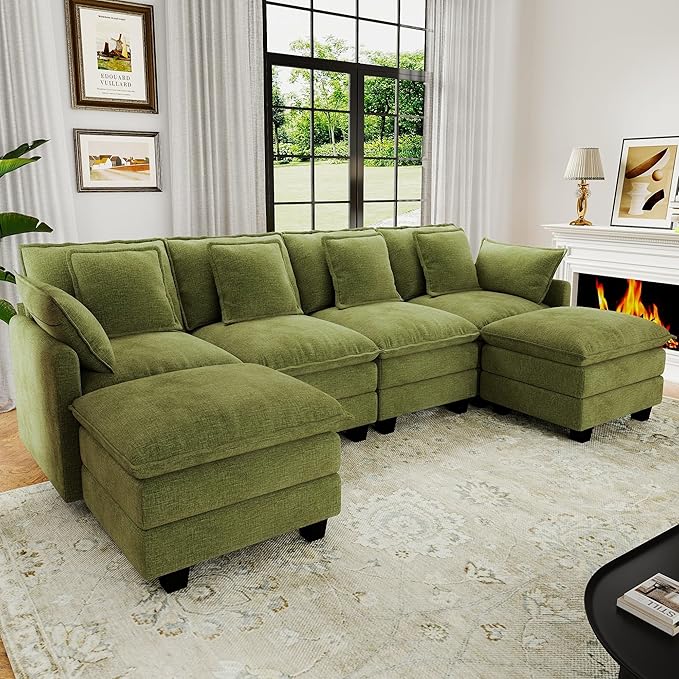 Cloud Couch Sectional, U Shaped Modular Sectional Sofa, 4-Seat Deep Seat Couch with 6 Removable Washable Pillows and 2 Ottoman for Living Room, Bedroom, Apartment