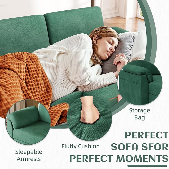 Vongrasig 79" Convertible Sectional Couch Sofa with Storage Ottoman, 3 Seat L Shaped Couch with Side Storage Pockage, Small Couches for Living Room, Apartment and Small Space (Green)