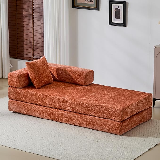 Convertible Couch Sofa Bed Foldable Floor Sleeper | Modern Fold Out Couch | Removable Backrest & Armrests | No Assembly Compression Sofa Sleeper for Living Room, Bedroom | Orange Chenille